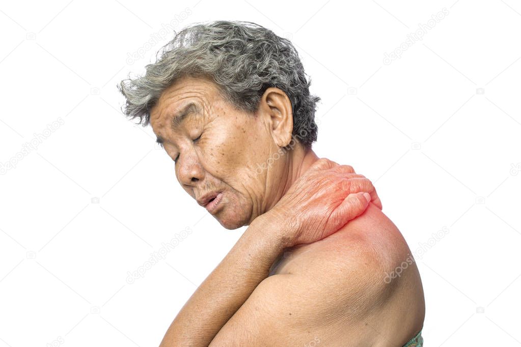 Old woman felt a lot of anxiety about  shoulder and neck pain on white background,Illness of the elderly problem concept