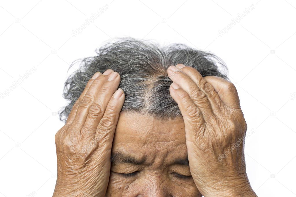 Old woman felt a lot of anxiety about hair loss issue on white background