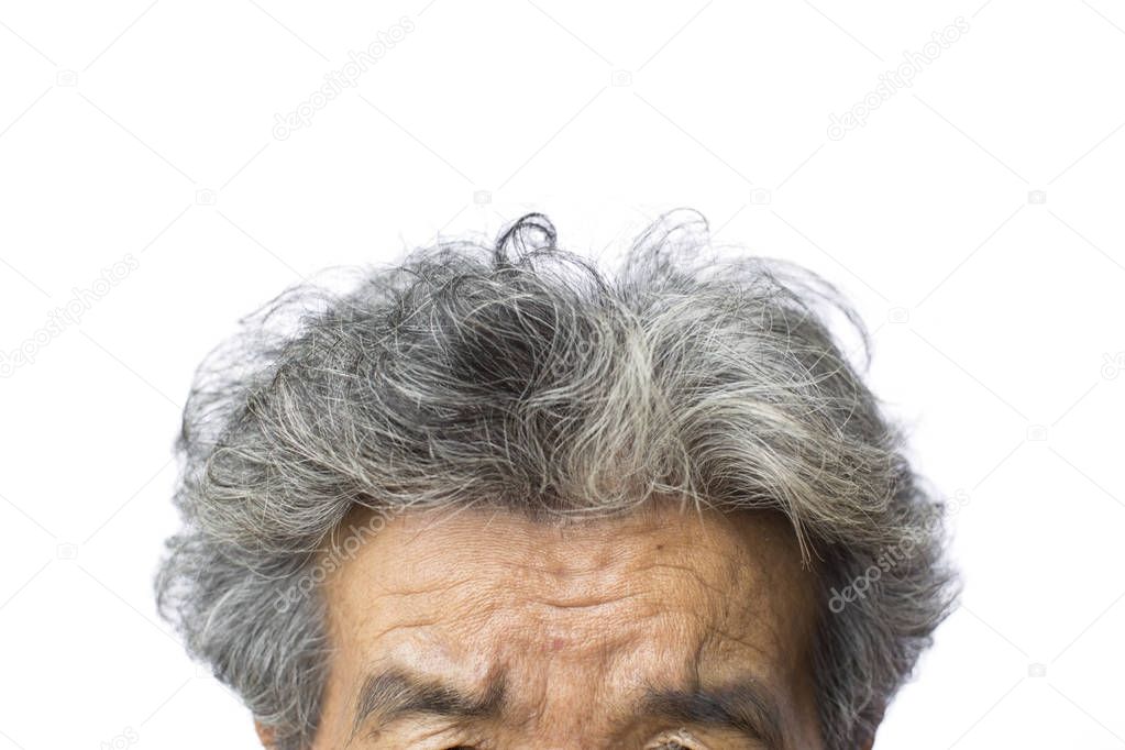 Close up gray hair of old woman on white background