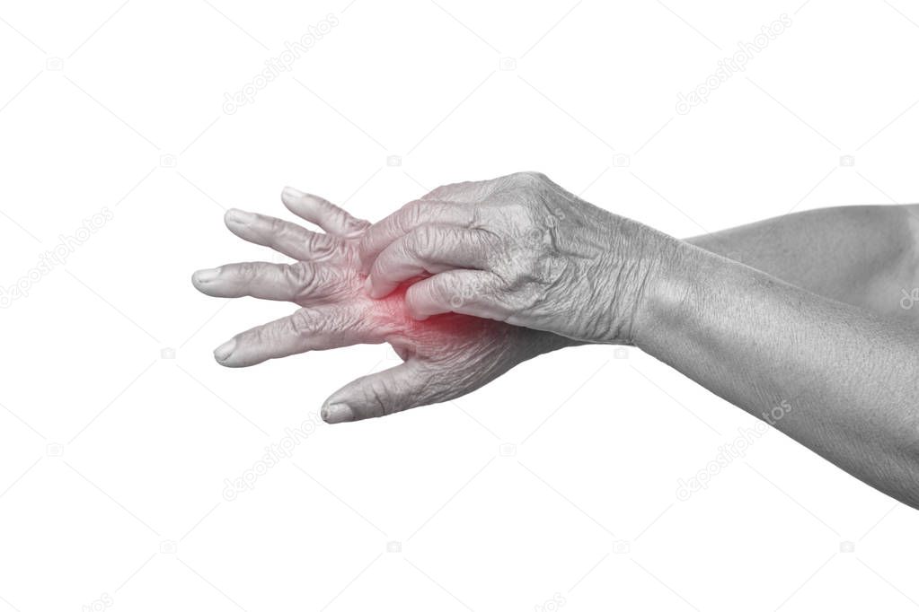 Old hands itching on white background, dermatitis concept