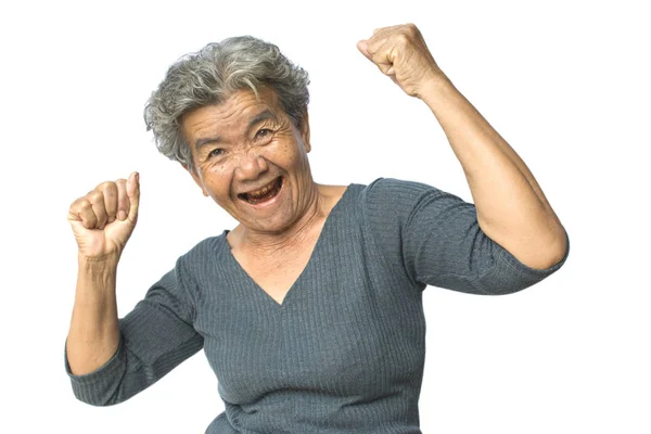 Gelukkig Aziatische Oude Vrouw Lachende Blije Witte Achtergrond — Stockfoto