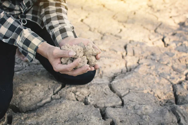 Mani Che Tengono Suolo Terreni Asciutti Incrinati Concetto Siccità Ambiente — Foto Stock