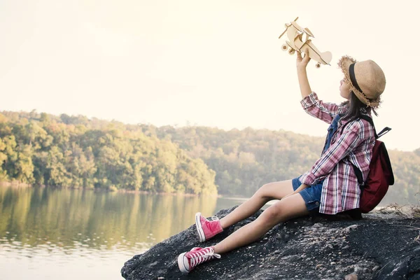 Asian Girl Playing Wooden Plane Nature Relax Time Holiday Concept — Stock Photo, Image