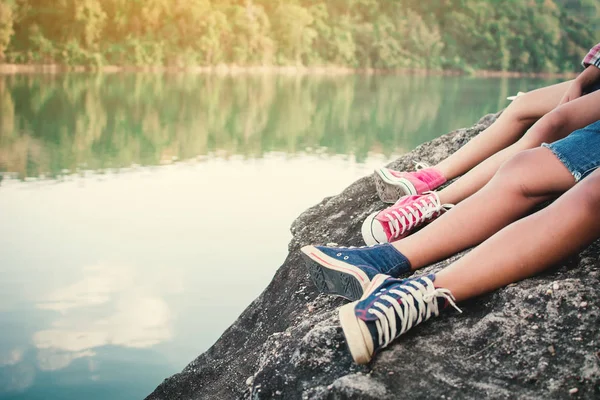 Feet Children Sitting Rock Nature Relax Time Holiday Concept Travel — Stock Photo, Image