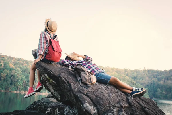 Asian Girl Boy Backpack Nature Relax Time Holiday Concept Travel — Stock Photo, Image