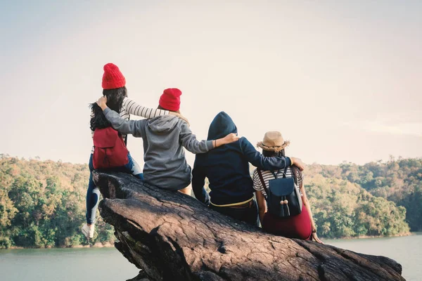 Group Friends Enjoy Nature Relax Time Holiday Concept Selective Soft — Stock Photo, Image