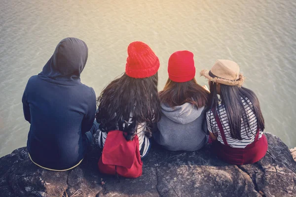 Group Friends Enjoy Nature Relax Time Holiday Concept Selective Soft — Stock Photo, Image