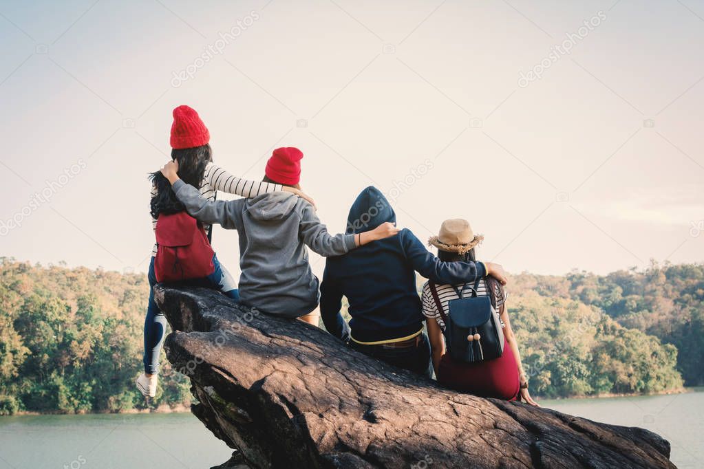 Group of friends enjoy in nature , Relax time on holiday concept ,selective and soft focus,tone of hipster style