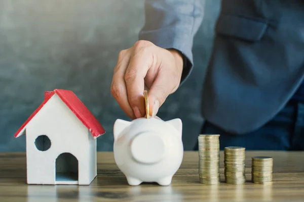 Businessman Model House Coins Desk Concept Saving Protect Housing — Stock Photo, Image