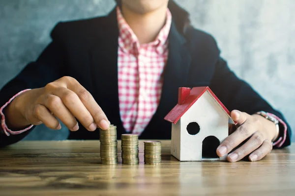 Business Woman Model House Coins Desk Concept Saving Protect Housing — Stock Photo, Image