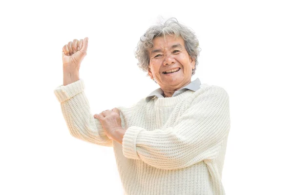 Ευτυχισμένος παλιά γυναίκα της Ασίας χαμογελαστή και χαρούμενη σε λευκό φόντο — Φωτογραφία Αρχείου