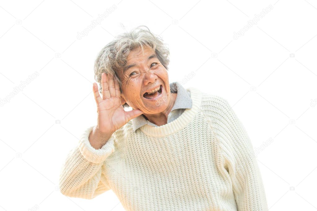 Happy Asian old woman smiling and joyful on white background