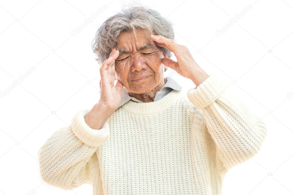 Old woman headache on white background,Illness of the elderly problem concept