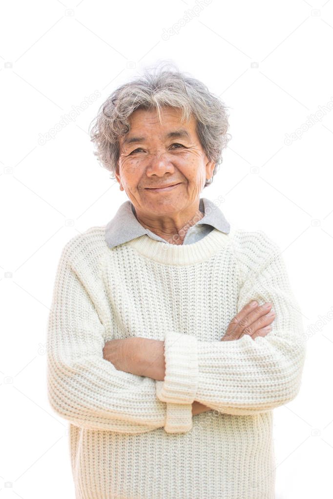 Happy Asian old woman smiling and joyful on white background