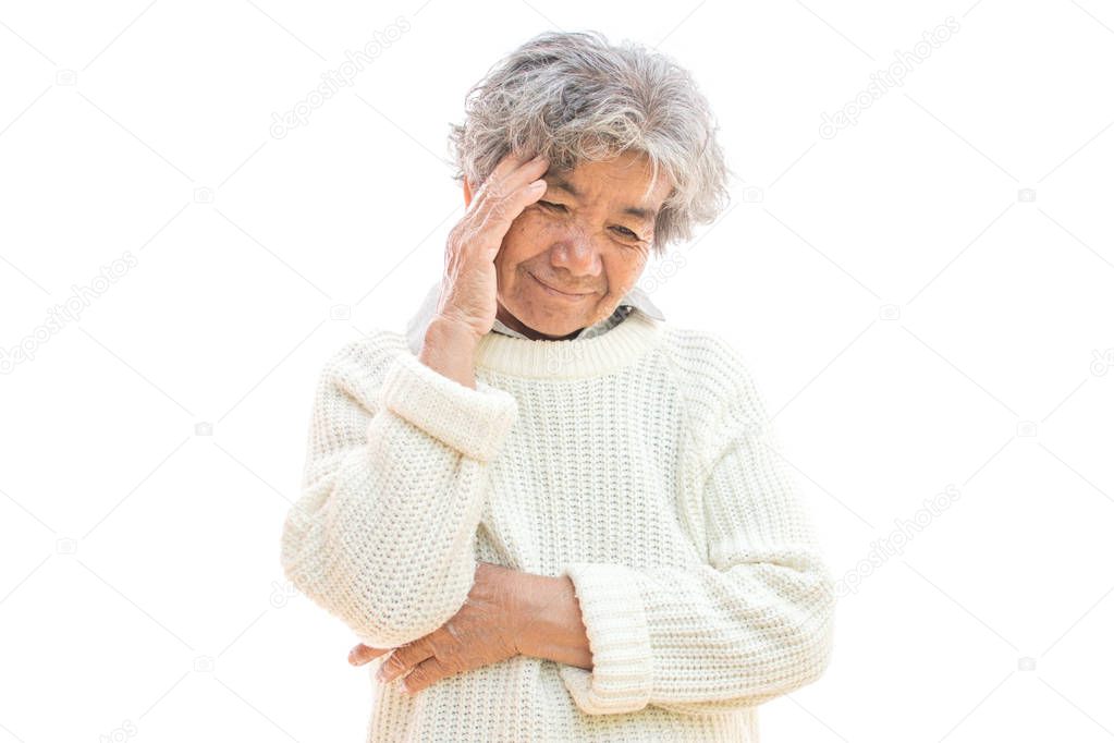 Old woman headache on white background,Illness of the elderly problem concept