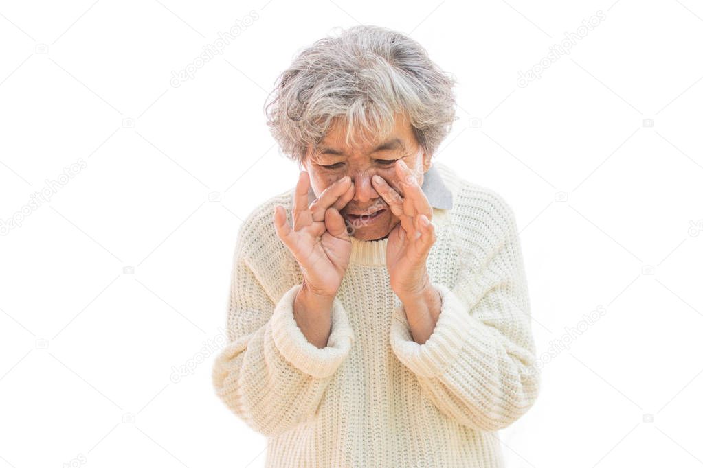 Old woman cough on white background ,Illness of the elderly problem concept