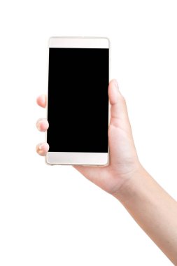 Yakın çekim kız el smartphone beyaz bir arka plan üzerinde tutarak