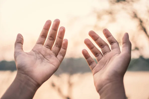 Human hands praying on nature during sunset,  hope and wish concept