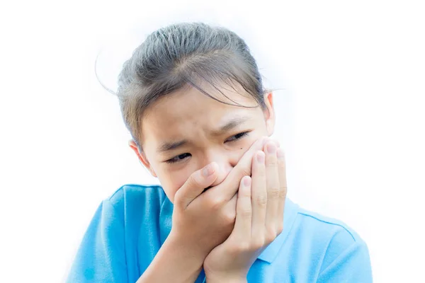 亚洲女孩在白色背景 蛀牙和儿童口腔健康方面的牙痛 — 图库照片