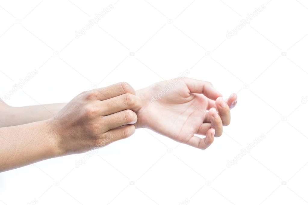 Girl hands itching in arm on white background, dermatitis concept
