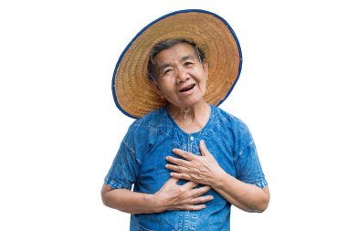 Anksiyete eski Asyalı kadın çiftçi beyaz bir arka plan üzerinde