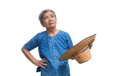 Anksiyete eski Asyalı kadın çiftçi beyaz bir arka plan üzerinde