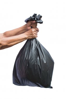 Eski beyaz arka plan üzerinde plastik torba tutarak el