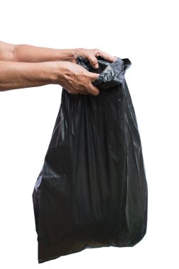 Eski beyaz arka plan üzerinde plastik torba tutarak el