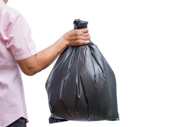 Eski beyaz arka plan üzerinde plastik torba tutarak el