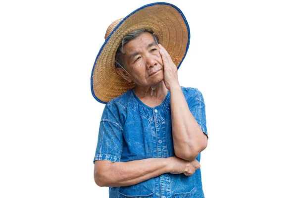 Anxiety Old Asian Woman Farmer White Background — Stock Photo, Image