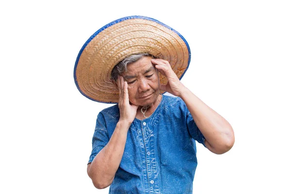 Anxiety Old Woman Farmer Headache White Background Illness Elderly Problem — Stock Photo, Image