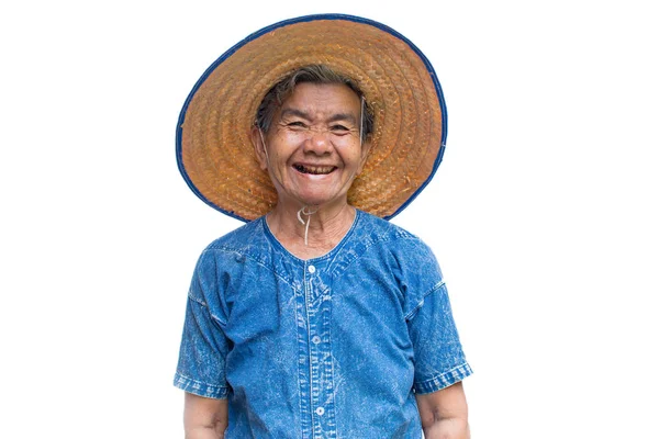 Heureuse Vieille Femme Asiatique Agriculteur Souriant Sur Fond Blanc — Photo
