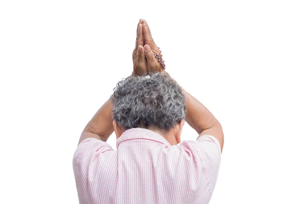 Старуха Молится Белом Фоне Концепция Надежды Поклонения — стоковое фото