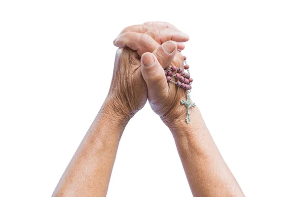 Close Old Hands Woman Praying White Background Concept Hope Worship — Stock Photo, Image