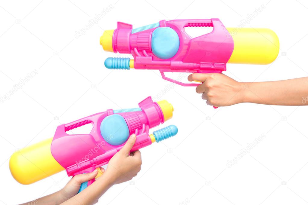 Female hands holding water gun on a white background, Songkran and summer season concept
