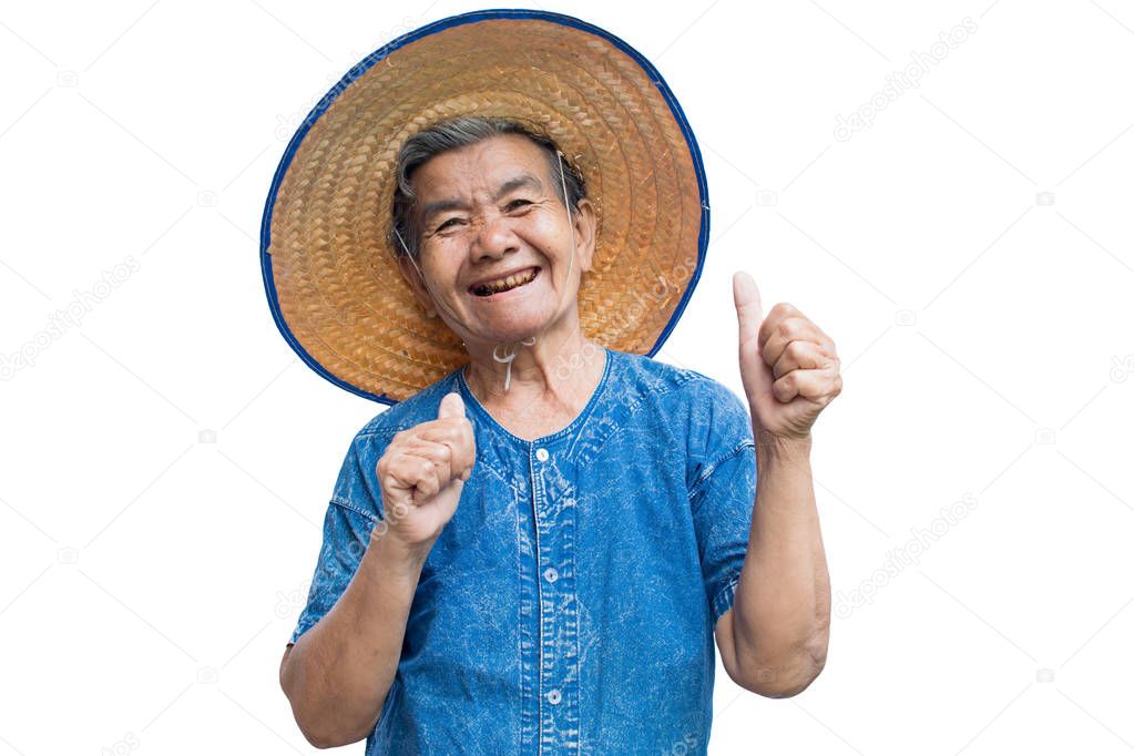 Happy old Asian woman farmer smiling on a white background