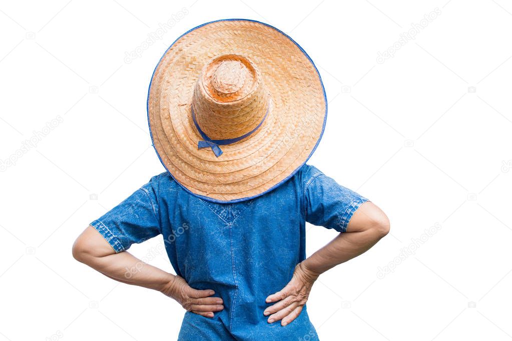 Back of old Asian woman farmer standing on a white background