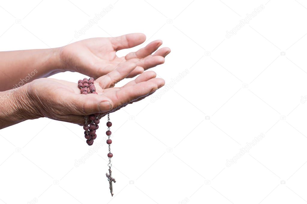 Close up old hands woman praying on white background, Concept hope and worship