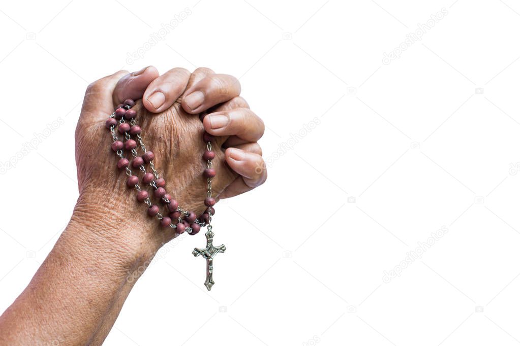 Close up old hands woman praying on white background, Concept hope and worship