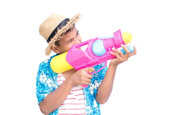 Leuke Jongen Spelen Waterpistool Witte Achtergrond Songkran Festival Thailand Zomerseizoen — Stockfoto