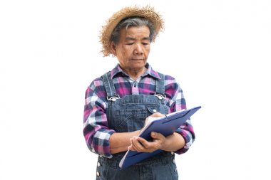 Beyaz bir arka plan üzerinde mutlu eski Asya bahçıvan