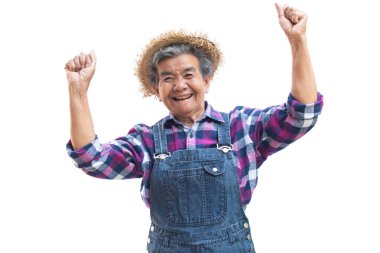 Beyaz bir arka plan üzerinde mutlu eski Asya bahçıvan