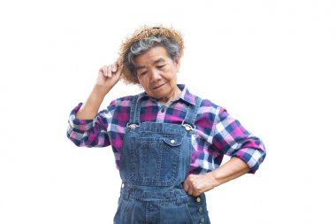 Beyaz bir arka plan üzerinde mutlu eski Asya bahçıvan