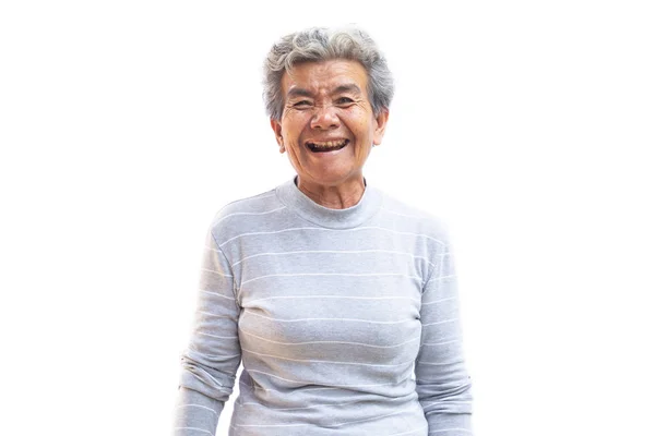 Gelukkig Aziatische Oude Vrouw Vreugdevolle Witte Achtergrond — Stockfoto