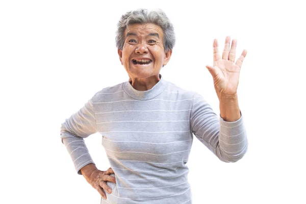 Ευτυχισμένος Παλιά Ασιατική Γυναίκα Χαρούμενη Λευκό Φόντο — Φωτογραφία Αρχείου