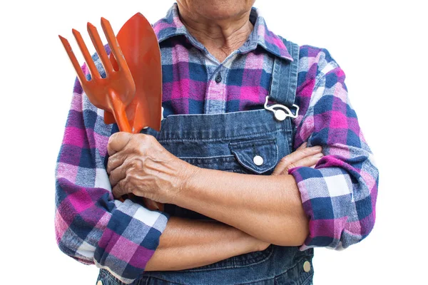 Viejo Jardinero Sosteniendo Herramientas Sobre Fondo Blanco —  Fotos de Stock