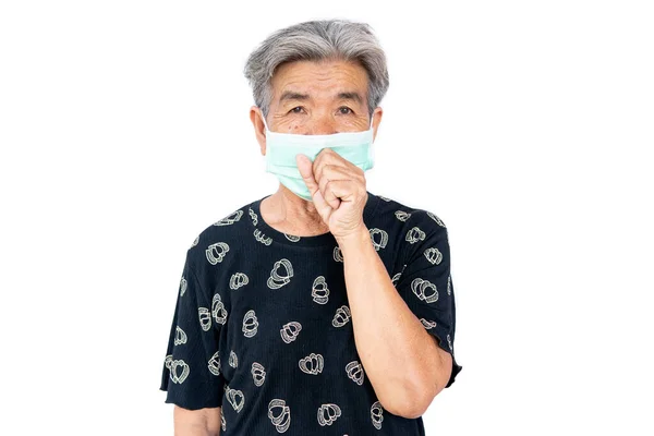 Old woman wearing a mask fear problem covid 19 and air pollution on a white background,stay at home ,healthcare concept,new normal.