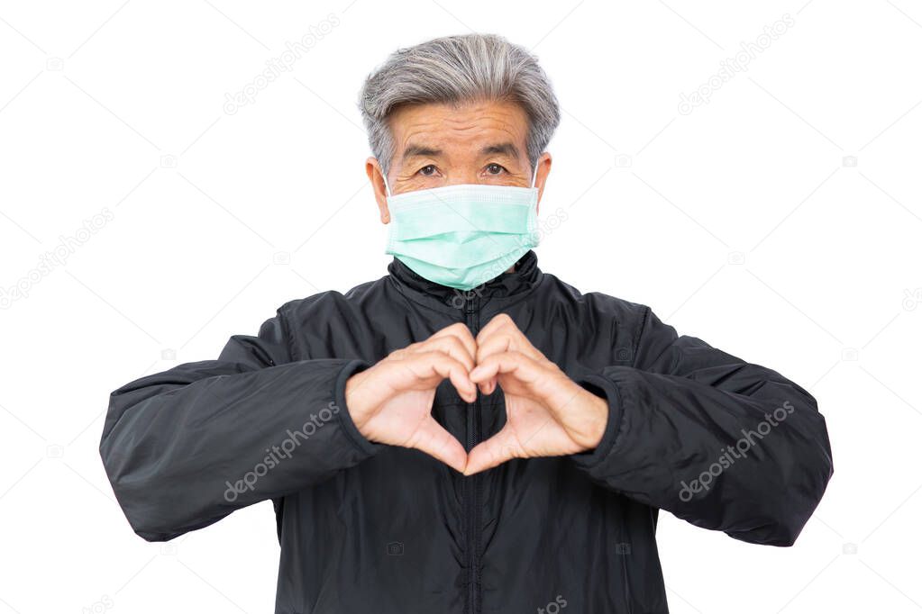 Old woman wearing a mask fear problem covid 19 and air pollution on a white background,stay at home ,healthcare concept,new normal.