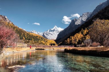 Yading 'deki sonbahar ormanında zümrüt gölü olan kutsal dağ.