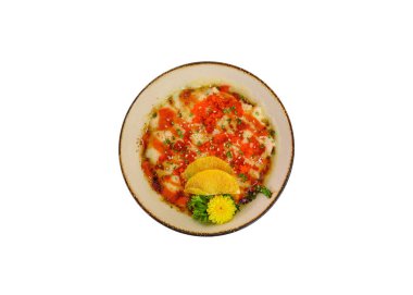 Donburi somon peyniri Japon pirinci üzerine tütsülenmiş.